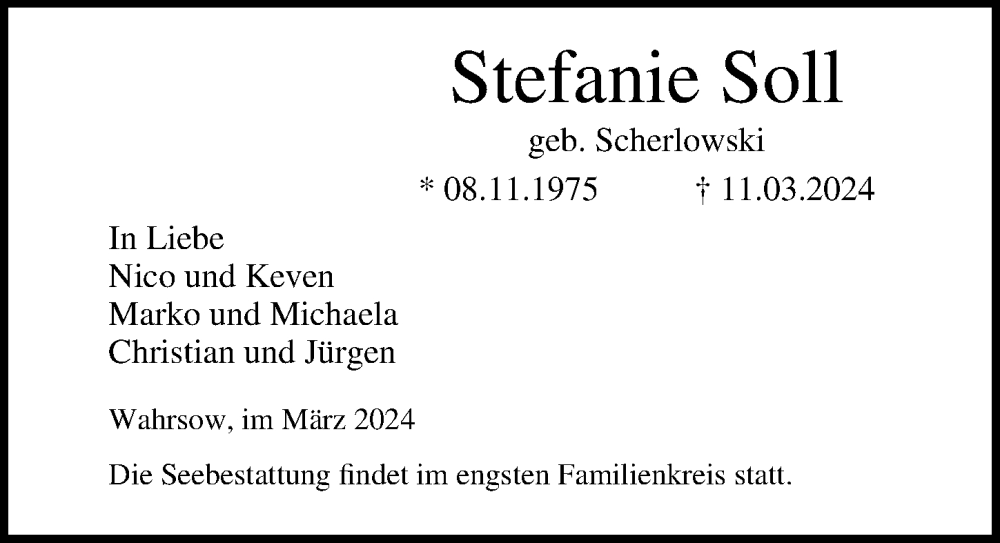  Traueranzeige für Stefanie Soll vom 16.03.2024 aus Ostsee-Zeitung GmbH
