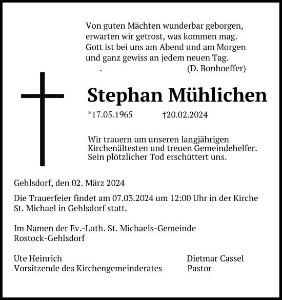 Traueranzeige von Stephan Mühlichen von Ostsee-Zeitung GmbH