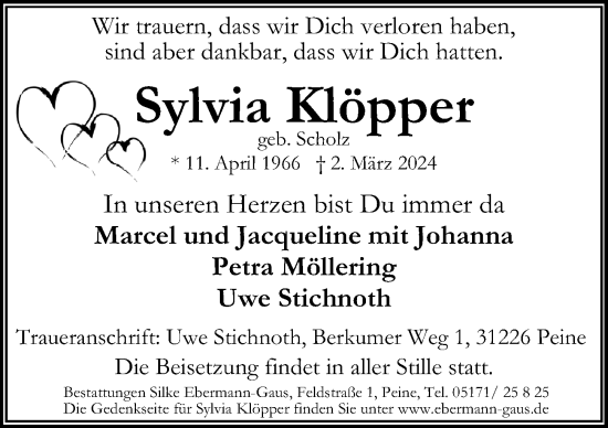 Traueranzeige von Sylvia Klöpper von Peiner Allgemeine Zeitung