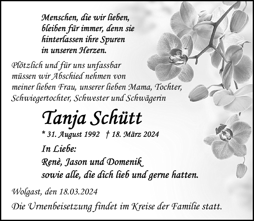  Traueranzeige für Tanja Schütt vom 23.03.2024 aus Ostsee-Zeitung GmbH