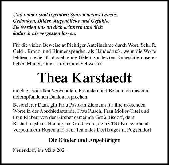 Traueranzeige von Thea Karstaedt von Ostsee-Zeitung GmbH