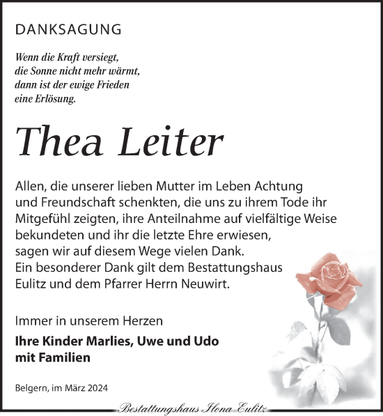 Traueranzeige von Thea Leiter von Torgauer Zeitung