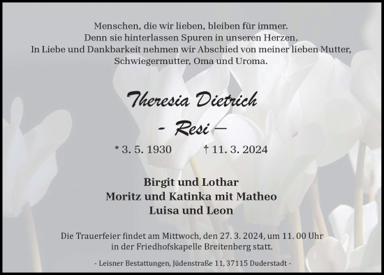 Traueranzeige von Theresia Dietrich von Eichsfelder Tageblatt