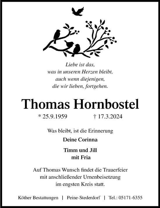 Traueranzeige von Thomas Hornbostel von Peiner Allgemeine Zeitung