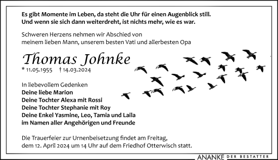 Traueranzeige von Thomas Johnke von Leipziger Volkszeitung