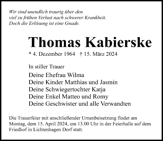 Traueranzeige von Thomas Kabierske von Ostsee-Zeitung GmbH