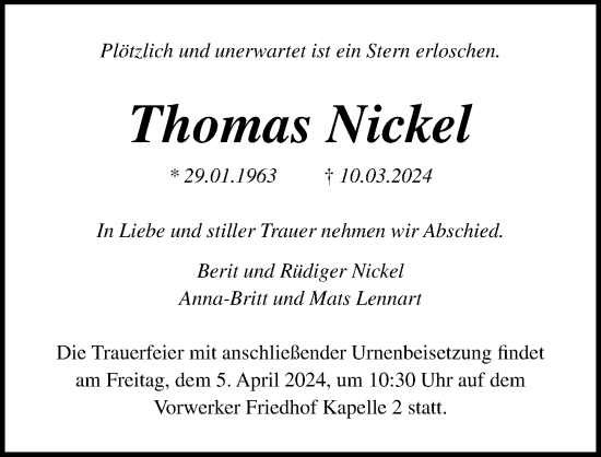 Traueranzeige von Thomas Nickel von Lübecker Nachrichten