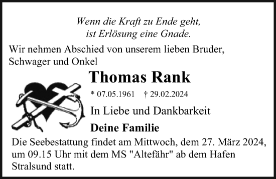 Traueranzeige von Thomas Rank von Ostsee-Zeitung GmbH