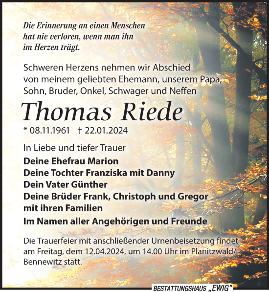 Traueranzeige von Thomas Riede von Leipziger Volkszeitung