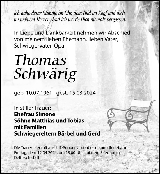 Traueranzeige von Thomas Schwärig von Leipziger Volkszeitung