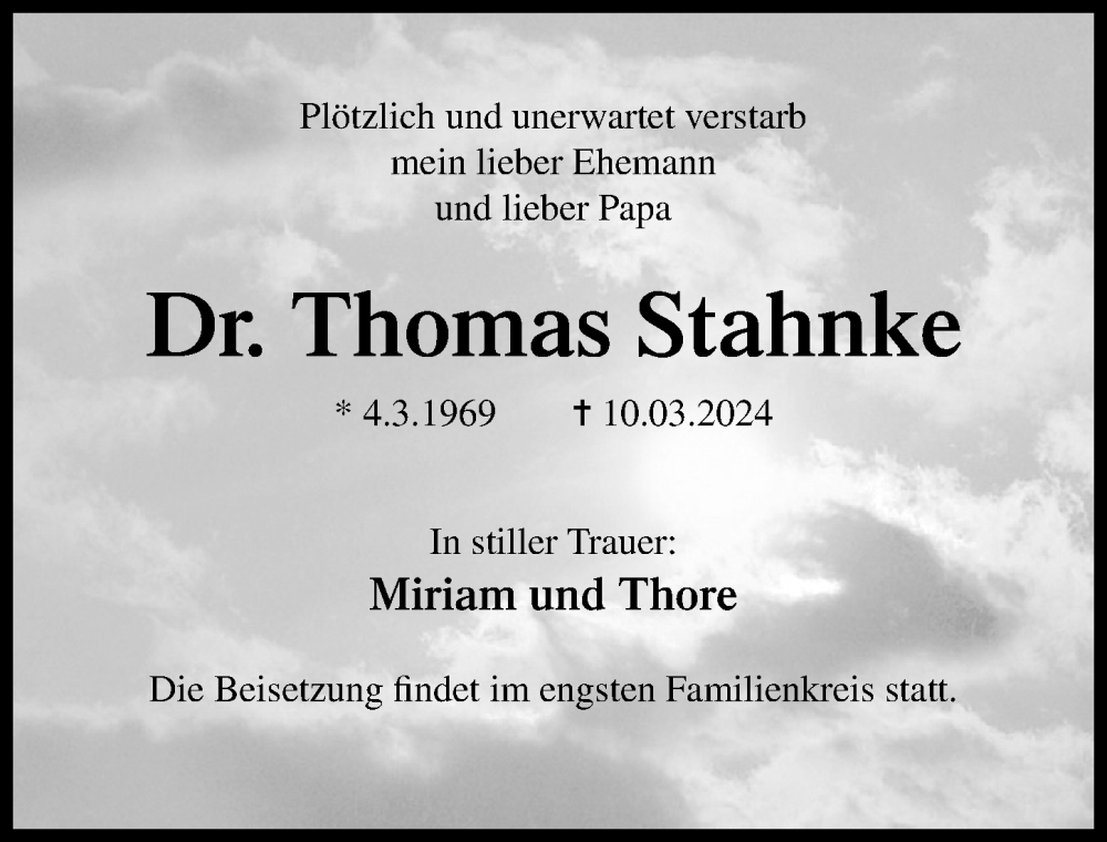  Traueranzeige für Thomas Stahnke vom 16.03.2024 aus Ostsee-Zeitung GmbH