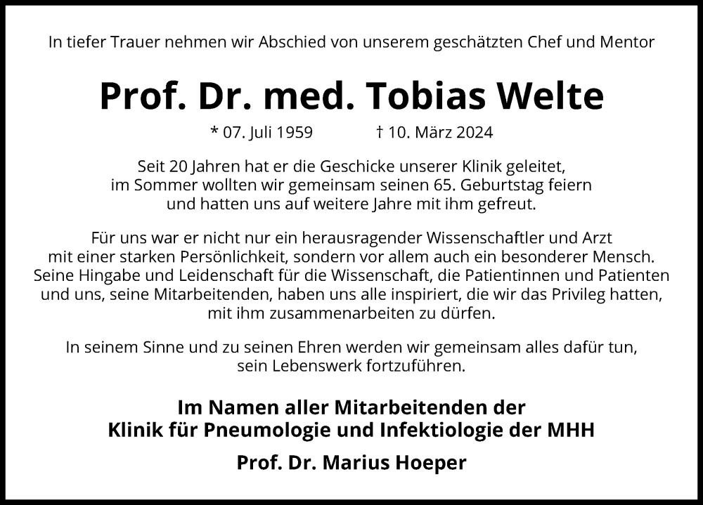 Traueranzeige für Tobias Welte vom 16.03.2024 aus Hannoversche Allgemeine Zeitung/Neue Presse
