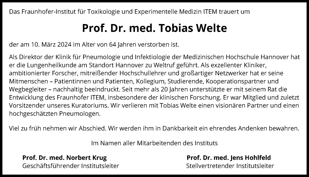  Traueranzeige für Tobias Welte vom 16.03.2024 aus Hannoversche Allgemeine Zeitung/Neue Presse