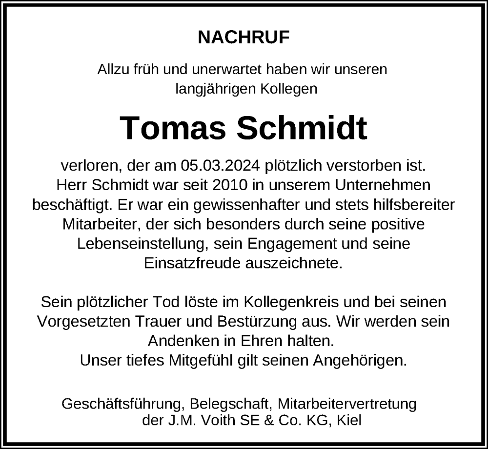  Traueranzeige für Tomas Schmidt vom 16.03.2024 aus Kieler Nachrichten