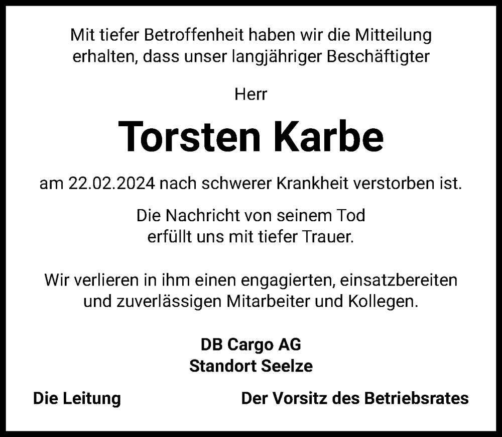  Traueranzeige für Torsten Karbe vom 13.03.2024 aus Hannoversche Allgemeine Zeitung/Neue Presse