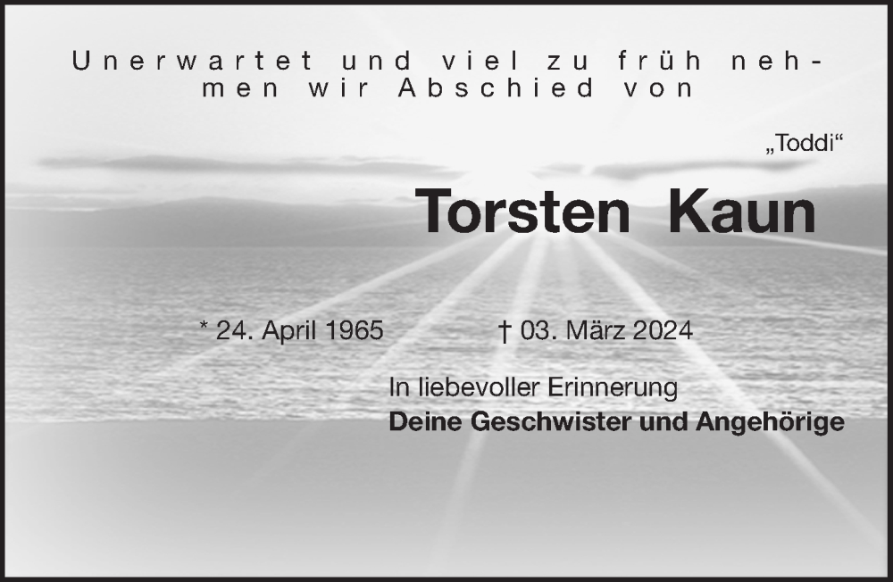  Traueranzeige für Torsten Kaun vom 14.03.2024 aus Ostsee-Zeitung GmbH