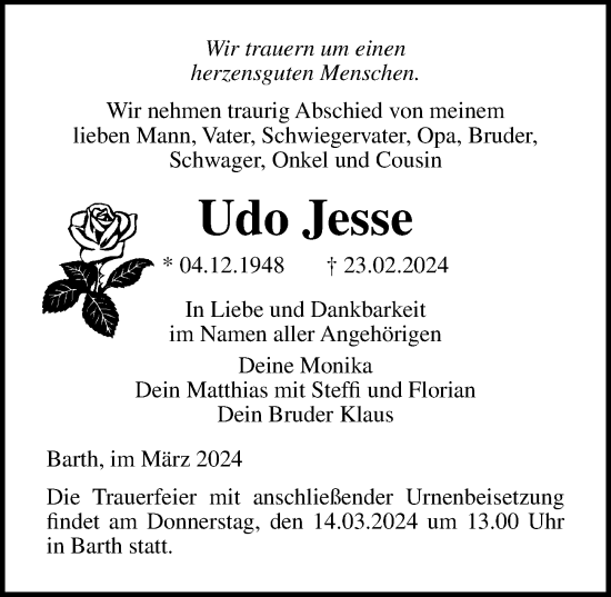 Traueranzeige von Udo Jesse von Ostsee-Zeitung GmbH