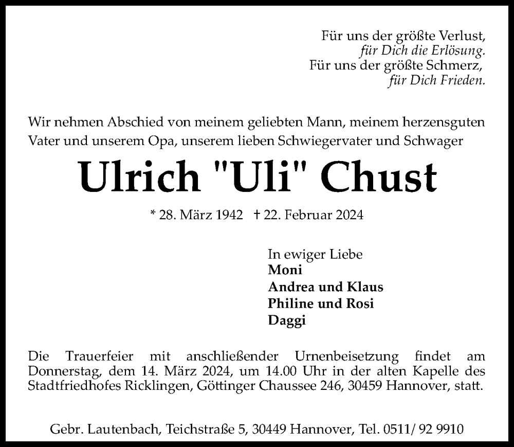  Traueranzeige für Ulrich Chust vom 09.03.2024 aus Hannoversche Allgemeine Zeitung/Neue Presse