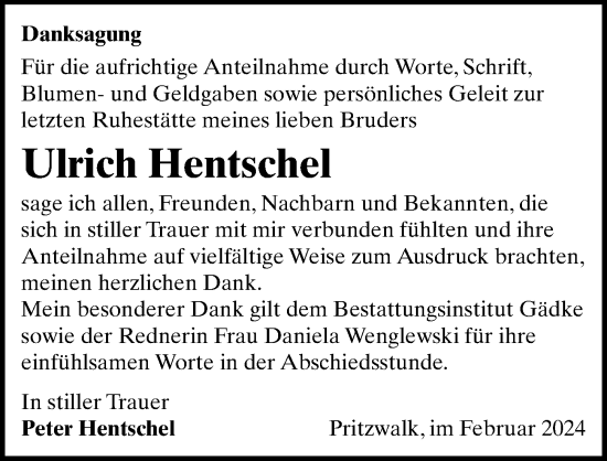 Traueranzeige von Ulrich Hentschel von Wochenspiegel
