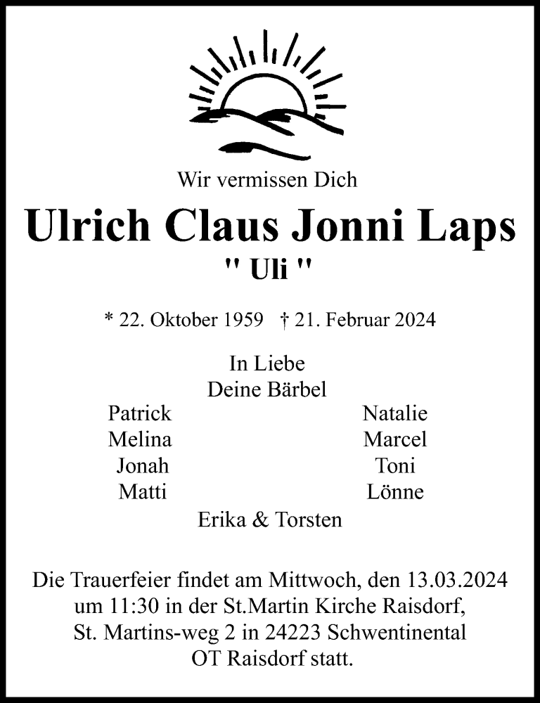 Traueranzeige für Ulrich Claus Jonni Laps vom 09.03.2024 aus Kieler Nachrichten
