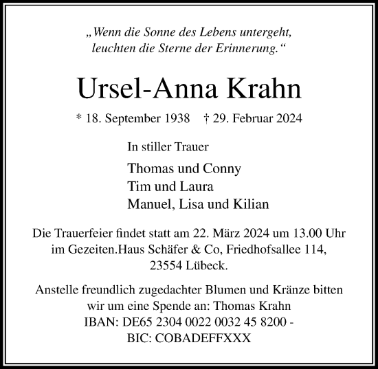 Traueranzeige von Ursel-Anna Krahn von Lübecker Nachrichten