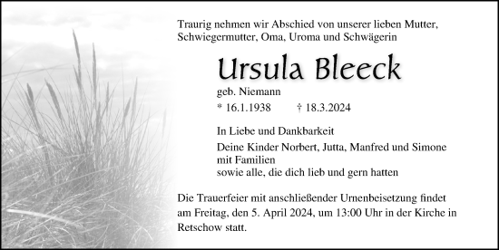 Traueranzeige von Ursula Bleeck von Ostsee-Zeitung GmbH
