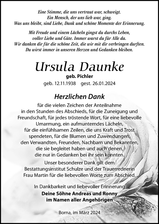 Traueranzeige von Ursula Daunke von Leipziger Volkszeitung