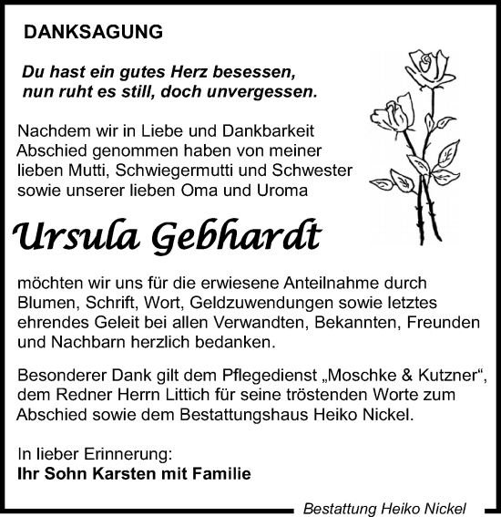 Traueranzeige von Ursula Gebhardt von Leipziger Volkszeitung