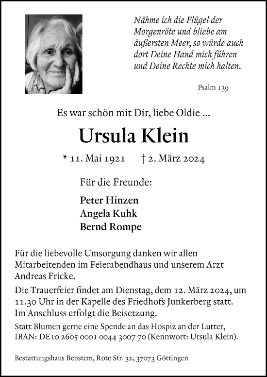 Traueranzeige von Ursula Klein von Göttinger Tageblatt