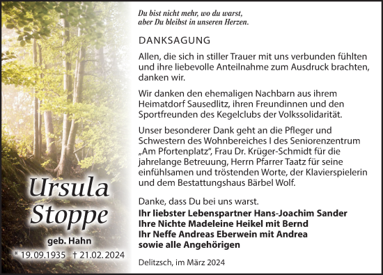 Traueranzeige von Ursula Stoppe von Leipziger Volkszeitung