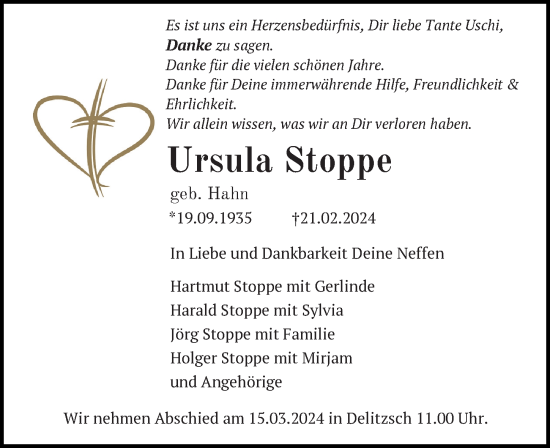 Traueranzeige von Ursula Stoppe von Leipziger Volkszeitung