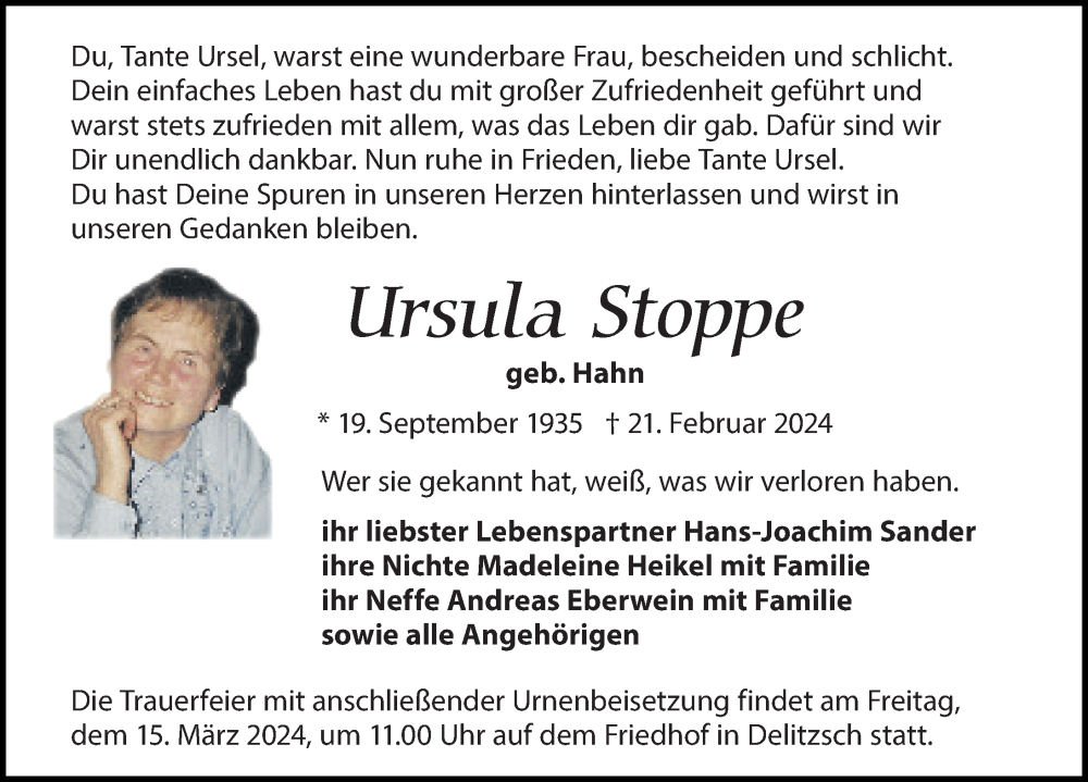  Traueranzeige für Ursula Stoppe vom 02.03.2024 aus Leipziger Volkszeitung