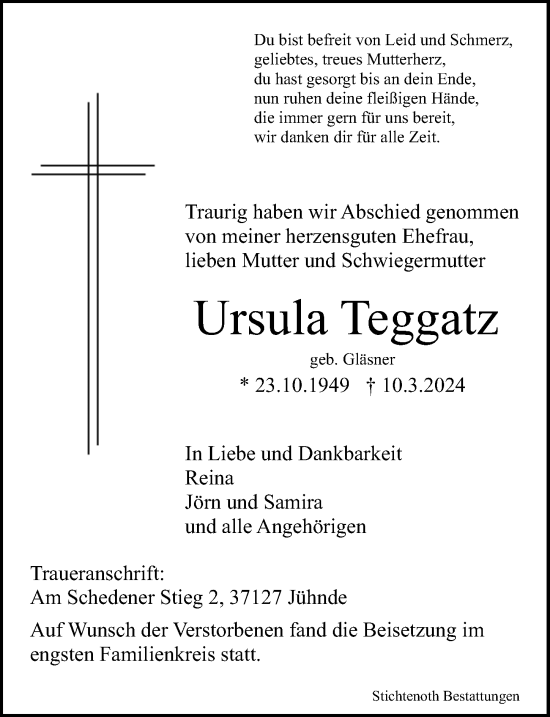 Traueranzeige von Ursula Teggatz von Göttinger Tageblatt