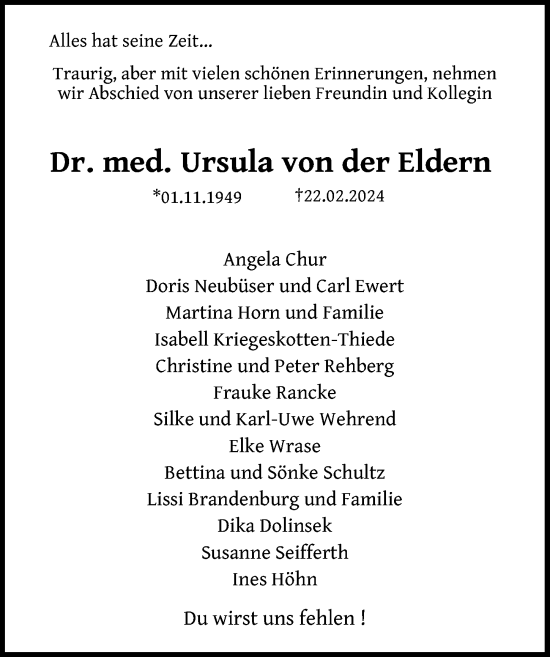 Traueranzeige von Ursula von der Eldern von Lübecker Nachrichten