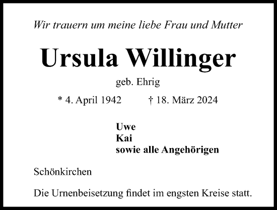 Traueranzeige von Ursula Willinger von Kieler Nachrichten