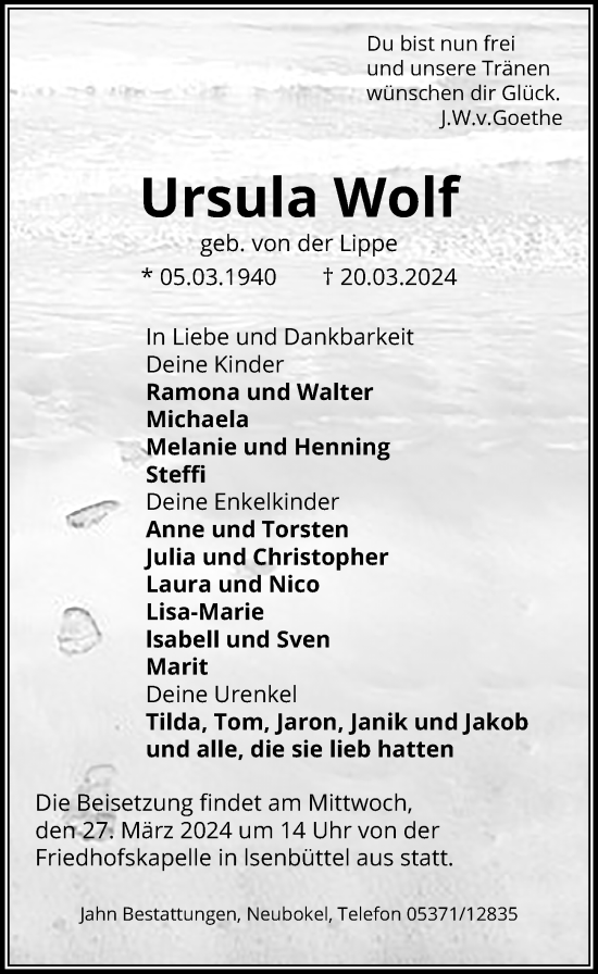 Traueranzeige von Ursula Wolf von Aller Zeitung