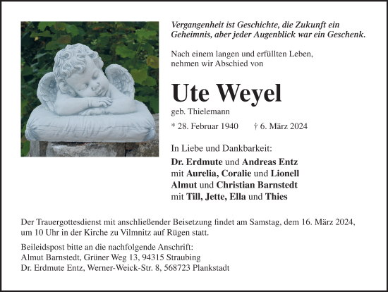 Traueranzeige von Ute Weyel von Ostsee-Zeitung GmbH