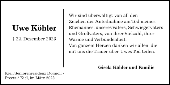 Traueranzeige von Uwe Köhler von Kieler Nachrichten