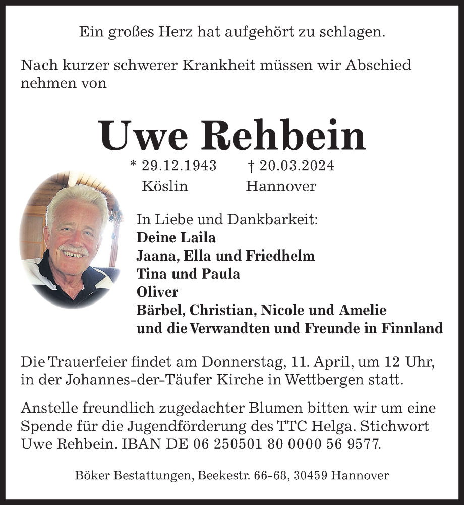  Traueranzeige für Uwe Rehbein vom 23.03.2024 aus Hannoversche Allgemeine Zeitung/Neue Presse