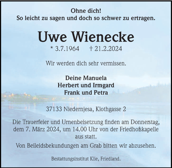 Traueranzeige von Uwe Wienecke von Göttinger Tageblatt