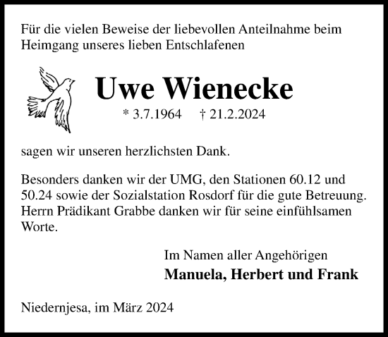 Traueranzeige von Uwe Wienecke von Göttinger Tageblatt