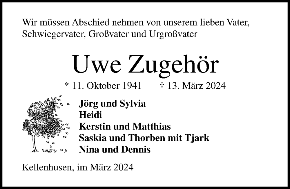  Traueranzeige für Uwe Zugehör vom 19.03.2024 aus Lübecker Nachrichten