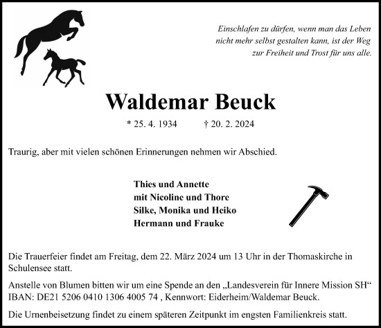 Traueranzeige von Waldemar Beuck von Kieler Nachrichten