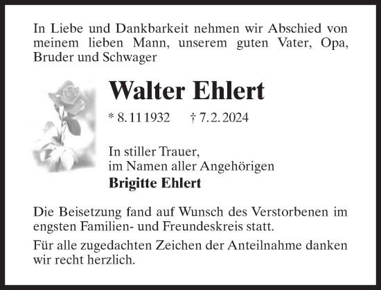 Traueranzeige von Walter Ehlert von Märkischen Allgemeine Zeitung