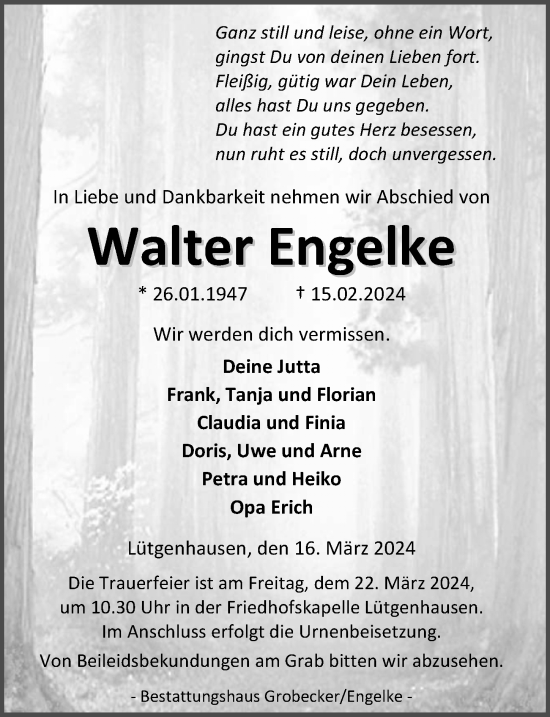 Traueranzeige von Walter Engelke von Eichsfelder Tageblatt