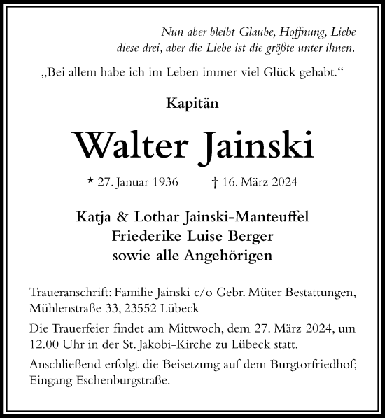Traueranzeige von Walter Jainski von Lübecker Nachrichten