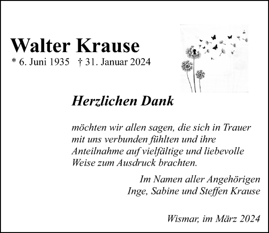 Traueranzeige von Walter Krause von Ostsee-Zeitung GmbH