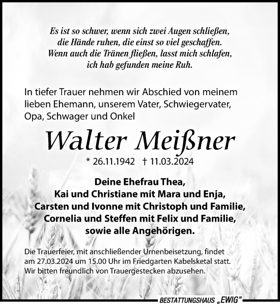 Traueranzeige von Walter Meißner von Leipziger Volkszeitung