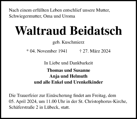 Traueranzeige von Waltraud Beidatsch von Lübecker Nachrichten