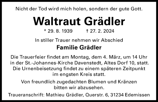 Traueranzeige von Waltraut Grädler von Hannoversche Allgemeine Zeitung/Neue Presse